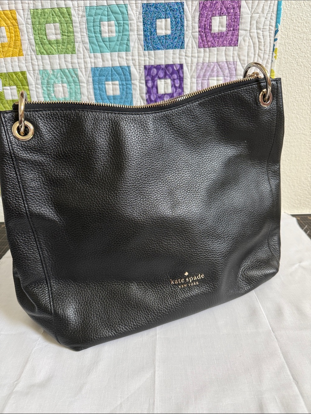 kate spade Black Pebbled Leather Shoulder Tote with Silver Hardware